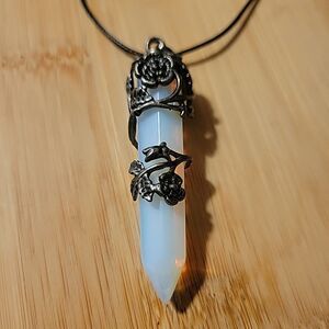 Opalite Crystal Point Pendant Necklace Ornate Floral Silver Tone with Black Cord